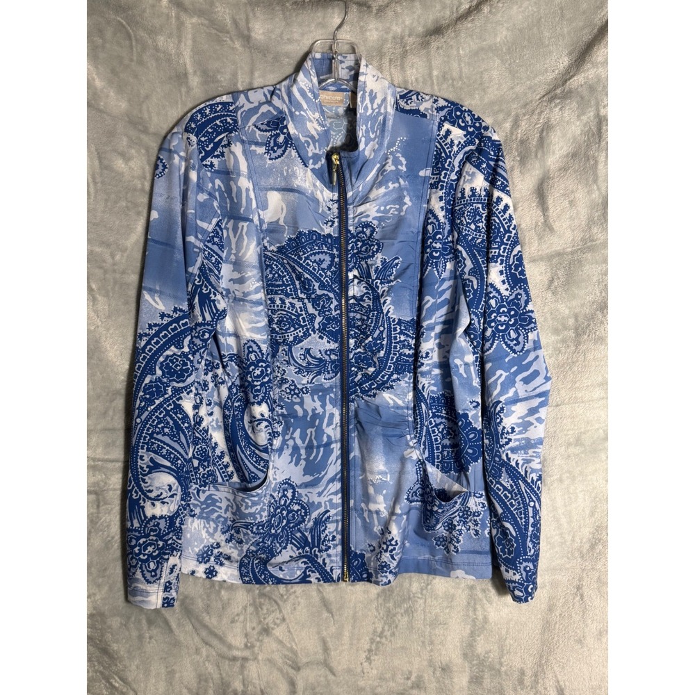 Chicos Zenergy Blue Paisley Full Zip Jacket Ruched Womens Size 1 M 8/10